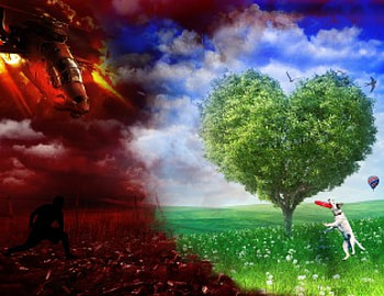 HateVsLove, dog, animal, awesome, art, hate, chopper, war, fantasy, abstract, field, love, cool, peace, heart HD wallpaper