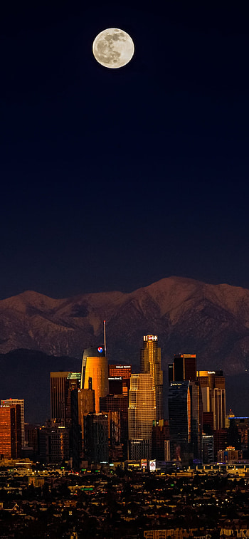 Los Angeles Skyline, Dark cityscape, Full moon ambiance HD phone wallpaper