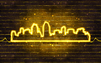 San Diego yellow neon silhouette, , yellow neon lights, San Diego skyline silhouette, yellow brickwall, american cities, neon skyline silhouettes, USA, San Diego silhouette, San Diego HD wallpaper