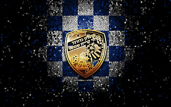Hapoel Ironi Kiryat Shmona FC, glitter logo, Ligat ha Al, blue white checkered background, soccer, Israeli football club, Hapoel Ironi Kiryat Shmona logo, mosaic art, football, Hapoel Ironi Kiryat Shmona, Israel HD wallpaper