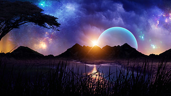 Planet cerberus, sky, stars, cosmos, planets, universe, landscape, lake, digital, moon, clouds, space, mountains, sunset HD wallpaper