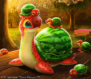 Waturtmelon, art, green, red, watermelon, creature, vara, turtle, summer, fantasy, piper thibodeau HD wallpaper