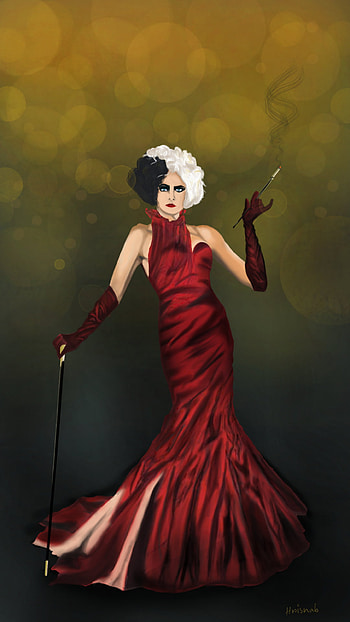 Cruella, cruella 2021, Disney, 101 dalmatians, cruella drawing, cruella emma stone, red dress, emma stone, fashion HD phone wallpaper