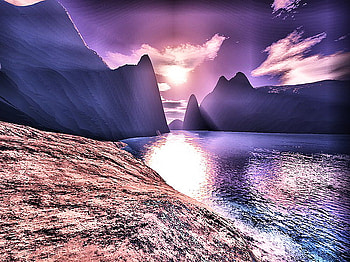 By the dawns early light, reflections, sunrise, rock, cliffs, light, clouds, sky, water, blue and pink HD wallpaper