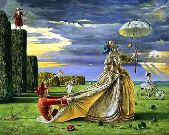Michael Cheval - Time to Love, umbrella, art, man, watermelon, woman, ballerina, harlequin, bicycle, surrealism, painting, michael cheval, fruit, time to love, sky, clock HD wallpaper