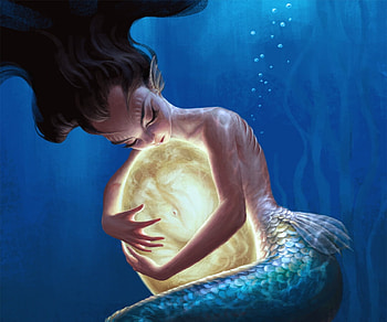 Embrace, egg, blue, mermaid, art, girl, summer, chalky nan, fantasy, yellow, luminos, water, siren, vara HD wallpaper