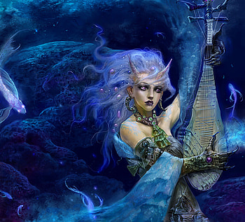 Blue Mermaid, magic, mermaid, horns, fantasy, fish, water HD wallpaper
