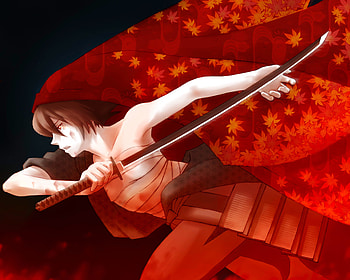 Samurai Meiko, kimono, sword, black background, meiko, vocaloid, weapons, bandages, blade, samurai armour, lone, samurai, katana, solo HD wallpaper