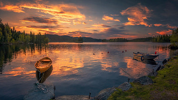 Sunset at a lake in Ringerike, Norway, boat, sky, water, reflections, clouds HD wallpaper