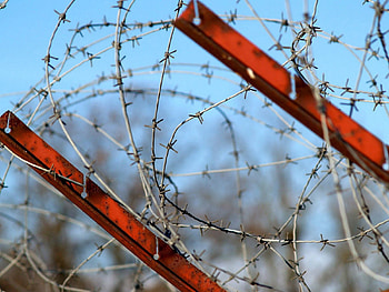 Sky, Miscellanea, Miscellaneous, Paint, Metal, Rust, Barbed Wire, Stretched, Tense HD wallpaper