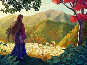 Anime, art, girl, tree, mountain HD wallpaper
