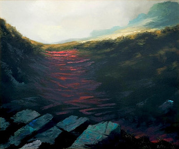 The Crimson Path, mountains, painting, red, path HD wallpaper