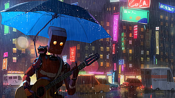 Robot Cat Guitar Umbrella Rain , robot, artist, artwork, digital-art, deviantart HD wallpaper