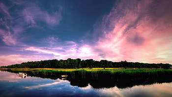 Tropical Sunset, reflection, boats, clouds, trees, nature, lake, sunset HD wallpaper