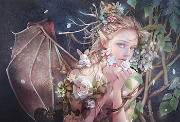 Flowery wing, wings, frumusete, dreamingfire rotheus, gorgeous, bat, girl, dreamingfire, rotheus, demon, bunny, superb, pink, fantasy, flower, luminos, rabbit HD wallpaper