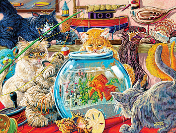 Something's fishy, art, fishing, fish, cat, funny HD wallpaper