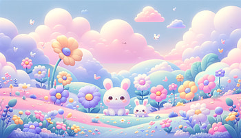 Cute Aesthetic Cartoon Bunny, cute aesthetic, bunny, flower, Pastel Color, fantasy landscape HD wallpaper