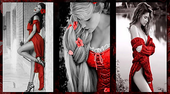 Red, blonde, brunette, girls, models, red on black, collage HD wallpaper
