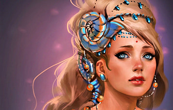 Mermaid, blue, blonde, sakimichan, art, girl, orange, beauty, woman, summer, shell, pink, fantasy, portrait, face HD wallpaper