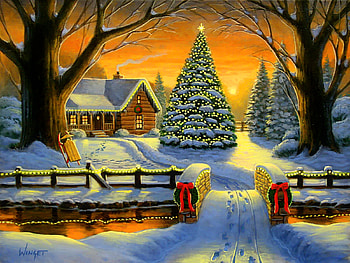 Mountain Christmas, winter, peaceful, painting, snow, sunset, frost, art, beautiful, tree, mountain, sleigh, christmas, light, cottage, ice, village, countryside HD wallpaper