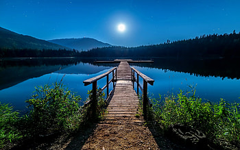 A small bridge in the lake, water, lake, serenity, blue, mirror, tranquility, peaceful, mountain, moon, reflection, view, bridge, sky HD wallpaper