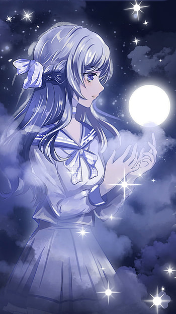 Anime girl, fullmoon, sparkle, moon HD phone wallpaper