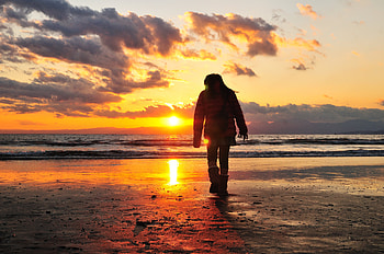 Sunset, Sea, Shore, Bank, Dark, Shine, Light, Stroll, Human, Person, Loneliness HD wallpaper
