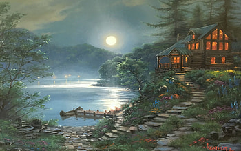 Moonshine Mischief - Mark Keathley, artwork, stairs, painting, moon, cottage, mountains, lake, evening HD wallpaper