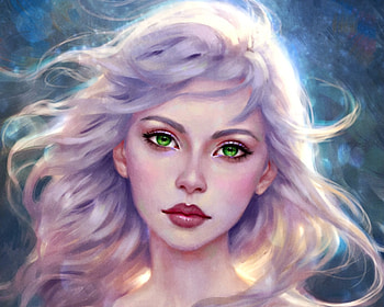 Cassiea, blue, art, girl, selenada, woman, purple, pink, fantasy, portrait, face, luminos, green eyes HD wallpaper