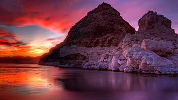 Sunset Through The Cliffs, reflection, landscape, clouds, nature, sunset, mountain HD wallpaper