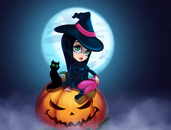 Cute witch and kitten, Halloween, art HD wallpaper
