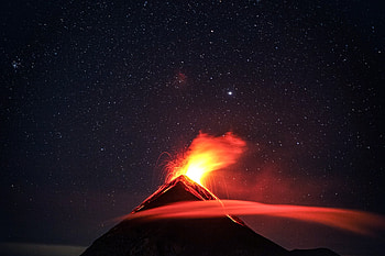 Volcano Eruption Under Starry Mountain Sky, landscape, Stars, sky, mountain HD wallpaper