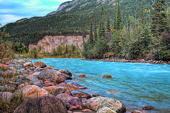 Landscape, blue, beautiful, rocks, beauty, background, clouds, trees, nature, sky, mountains, water, forest, rivers HD wallpaper