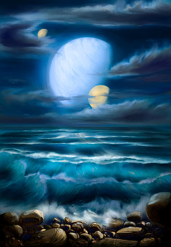 Stones, Art, Planets, Sea, Waves, Paint, Canvas HD phone wallpaper