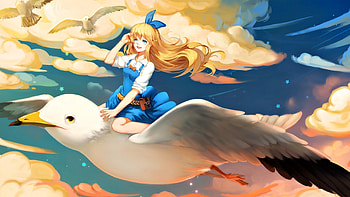 Alice, blue, white, bird, seagull, girl, minhoo, anime, yellow, manga, cloud HD wallpaper