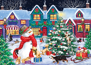 Snowman And Dogs Christmas Street, village, snow, snowman, painting, ornaments, houses, tree HD wallpaper
