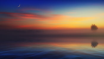A tranquil scene depicting a colorful sunrise over a foggy lake with a crescent moon, perfect for a peaceful backdrop. HD wallpaper
