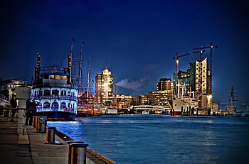 Hamburg Port in the Evening, buildings, germany, river, ship HD wallpaper