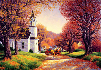 Road by the Church, artwork, horses, leaves, painting, chapel, autumn, trees, cart HD wallpaper