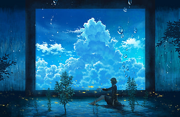 :), blue, kazami ehoh, anime, girl, fish, manga, cloud HD wallpaper