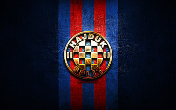 Hajduk Split FC, golden logo, HNL, blue metal background, football, croatian football club, Hajduk Split logo, soccer, HNK Hajduk Split HD wallpaper