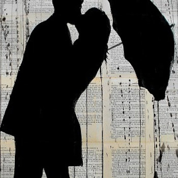 Kiss..., Louis Jover, Art, Black and White, Umbrella, Kiss, Painting, Love HD wallpaper