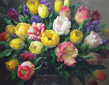 Tulips, pink, art, painting, flower, pictura, yellow, victor nizovtsev, spring, tulip HD wallpaper