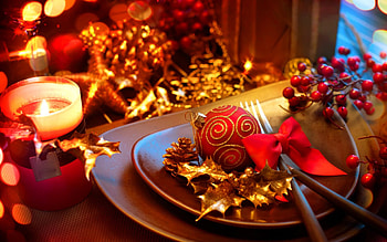 christmas decoration, holidays, graphy, golden leaves, deco, xmas, plate, magical, candles, knife, bow, golden, fork, christmas ball, santa claus, SkyPhoenixX1, decoration, silent night, christmas, lights HD wallpaper