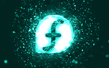 Fedora turquoise logo, , turquoise neon lights, creative, turquoise abstract background, Fedora logo, Linux, Fedora HD wallpaper