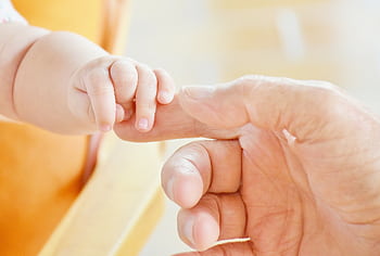Close-up of a baby's hand holding an adult's finger, symbolizing parental love. HD wallpaper