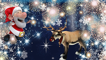 Santa Celebrates, fireworks, feliz navidad, firefox persona, cute, santa claus, stars, xmas, reindeer, christmas, whimsical, sky HD wallpaper