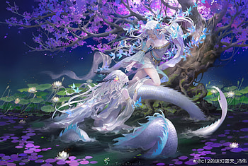 The White Snake, blue, white, frumusete, white snake, gorgeous, girl, tree, purple, superb, wei feng, couple, luminos, water HD wallpaper