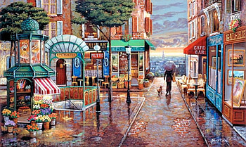Rainy day stroll, dog, paris, houses, woman, restaurant, painting, street, trees, flowers HD wallpaper