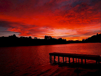 Red sky, sea, black, sky, sunset, dark HD wallpaper